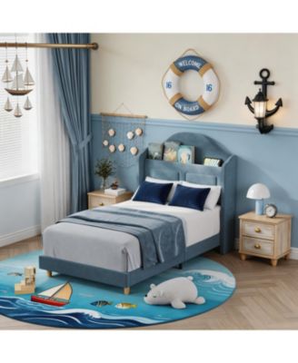 LED Bed Frame for Boys - Velvet Upholstered Platform Bed with Wingback Storage Headboard, Wooden Slats, No Box Spring Needed