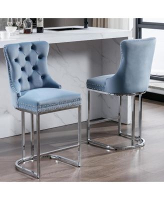 Modern Velvet Bar Stools Set of 2, 26" Counter Height Chairs with Button Back, Nailhead Trim and Chromed Metal Legs for Kitchen Island
