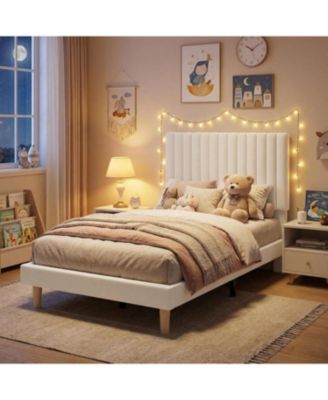 gaomon - Upholstered Platform Bed with Adjustable Tufted Headboard and Slat Support Beige/Khaki