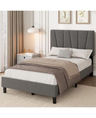 Upholstered Platform Bed with Adjustable Headboard and Wooden Slats