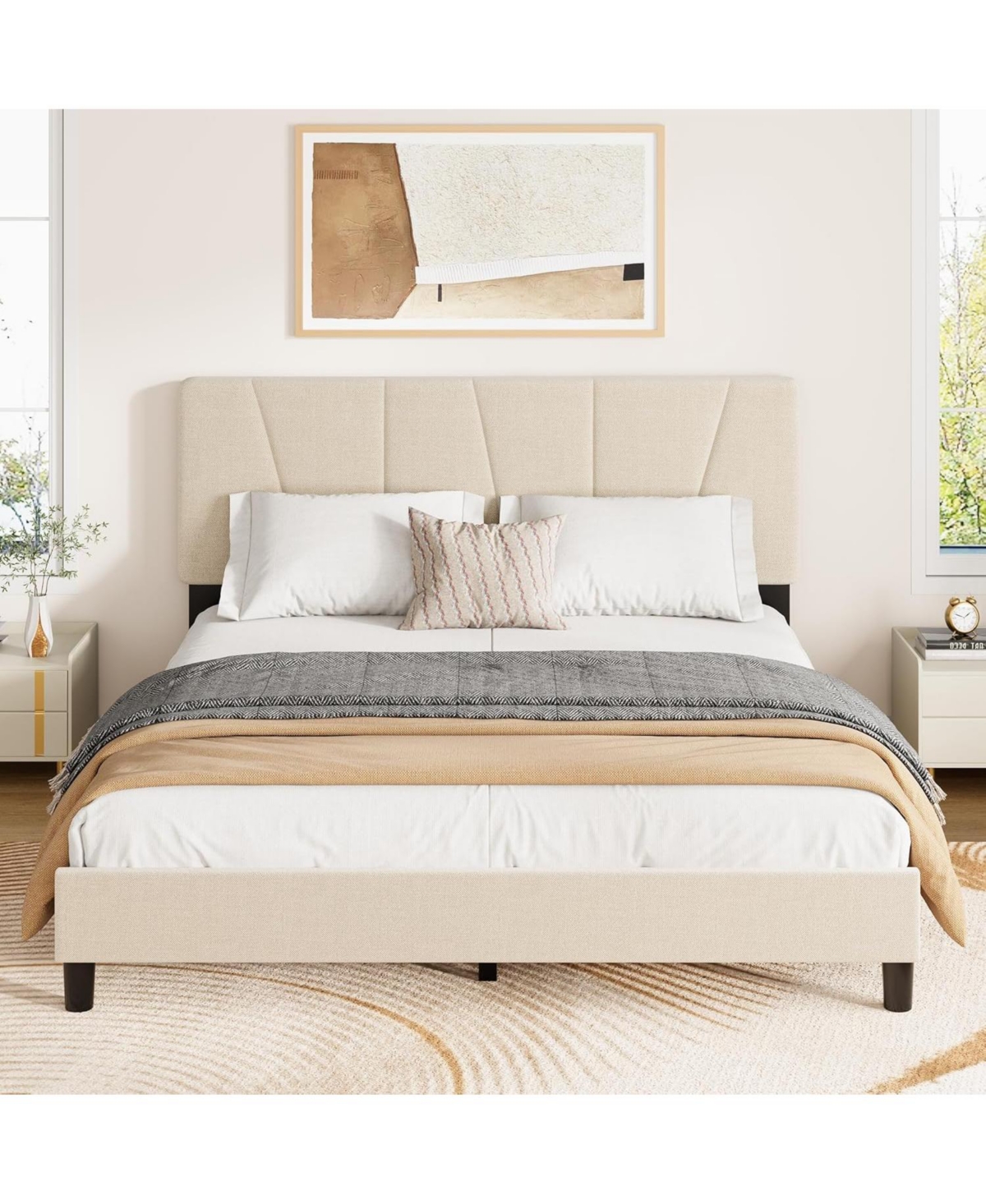 gaomon Upholstered Platform Bed with Adjustable Headboard Wooden Slats