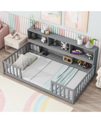 Twin Floor Bed with  Bedside Bookcase,Shelves,Guardrails