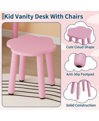 Bear-Shaped Lighted Mirror Kids Vanity Table and Chair Set - Wooden Princess Makeup Desk with Stool, Storage Drawers