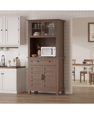 72 in Tall Kitchen Pantry Cabinet, Kitchen Hutch Bar Cabinet with Microwave Stand, Cupboard with Drawers Glass Doors for Dining Room