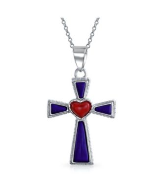 Turquoise Lapis and Heart Religious Cross Necklace Pendant