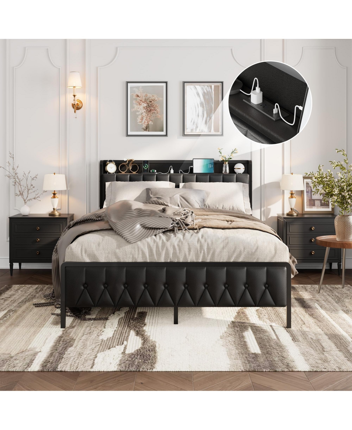 gaomon Size Bed Frame with Charging Station, Faux Leather Headboard and and Footboard