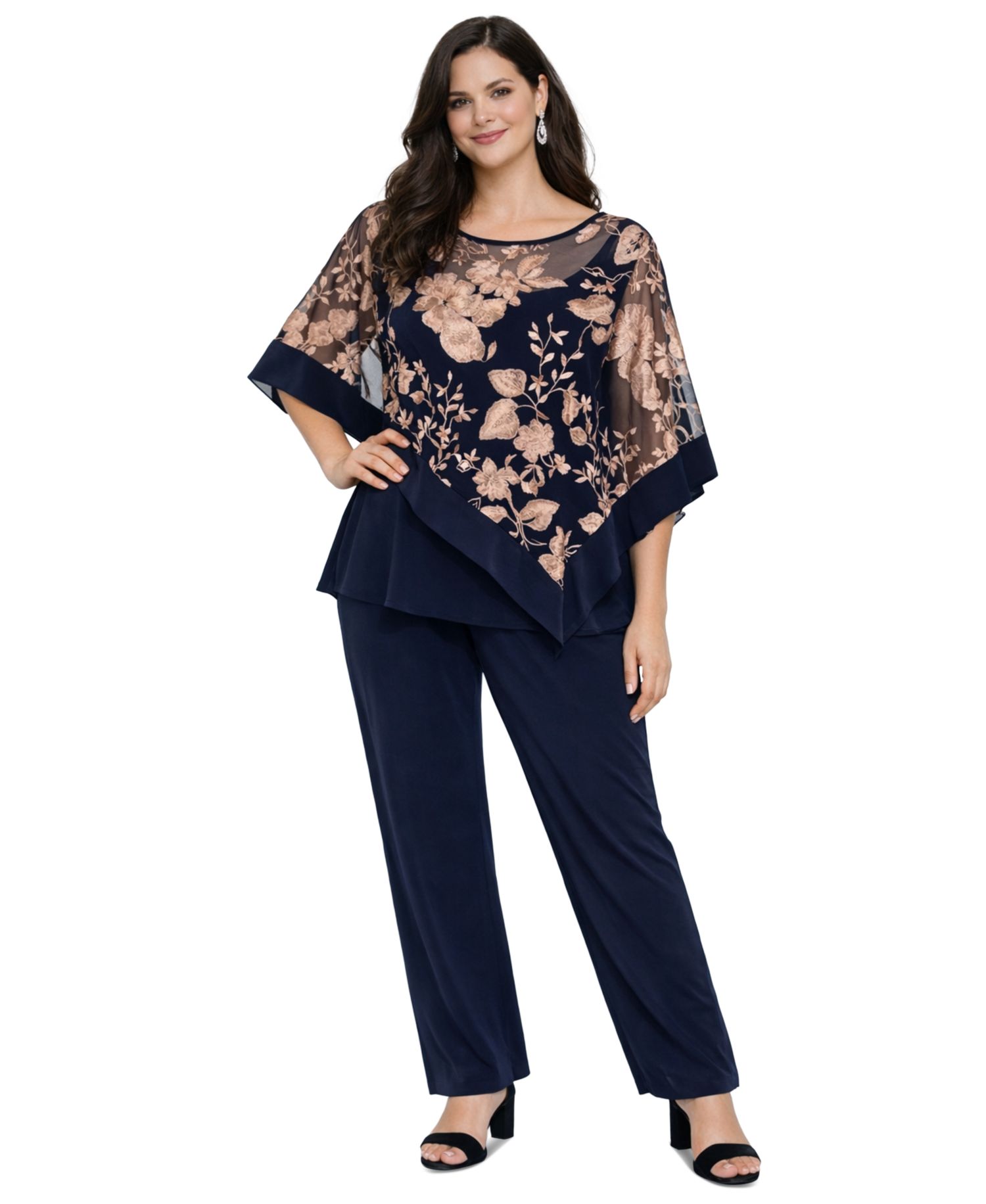 Petite Floral Embroidered Poncho Top and Pants, 2-Piece Set
