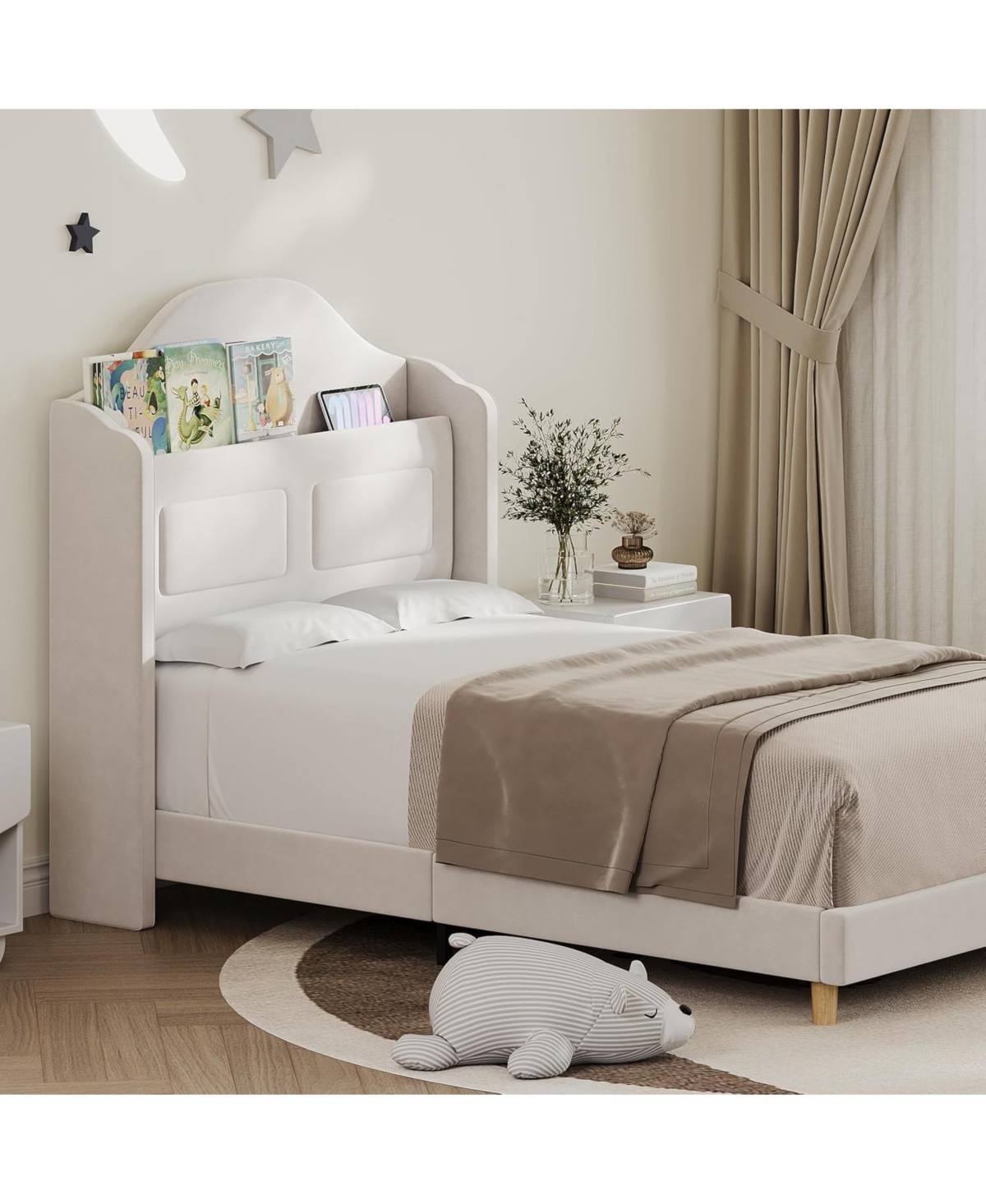 gaomon 2 Pack Upholstered Velvet Princess Bed Frame with Led Lights, Wingback Bookcase Headboard, Kids Platform for Girls and Boys, Noise-Free