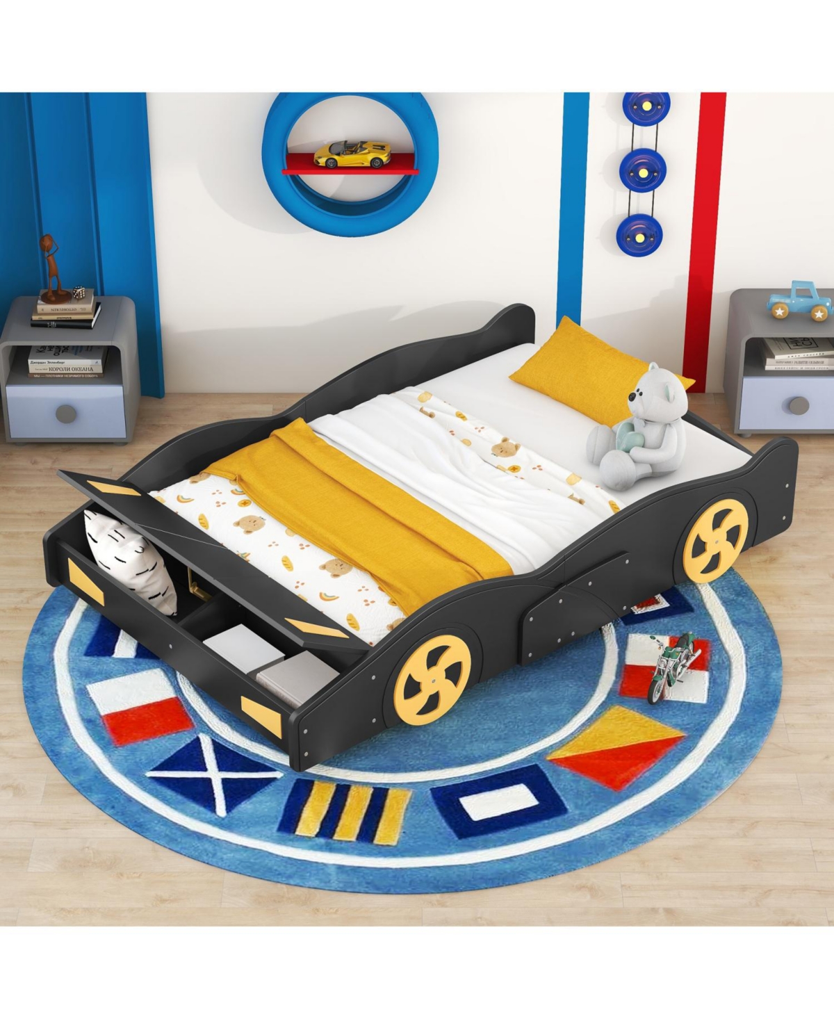 Rainsken Race Car Shaped Platform Bed, with Wheels and Storage, Wood Bed Frame, No Box Spring Needed, Easy Assembly