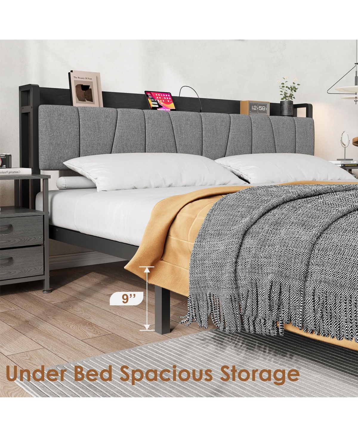 gaomon Industrial Bed Frame with Storage Headboard, Charging Station and 2 Drawers