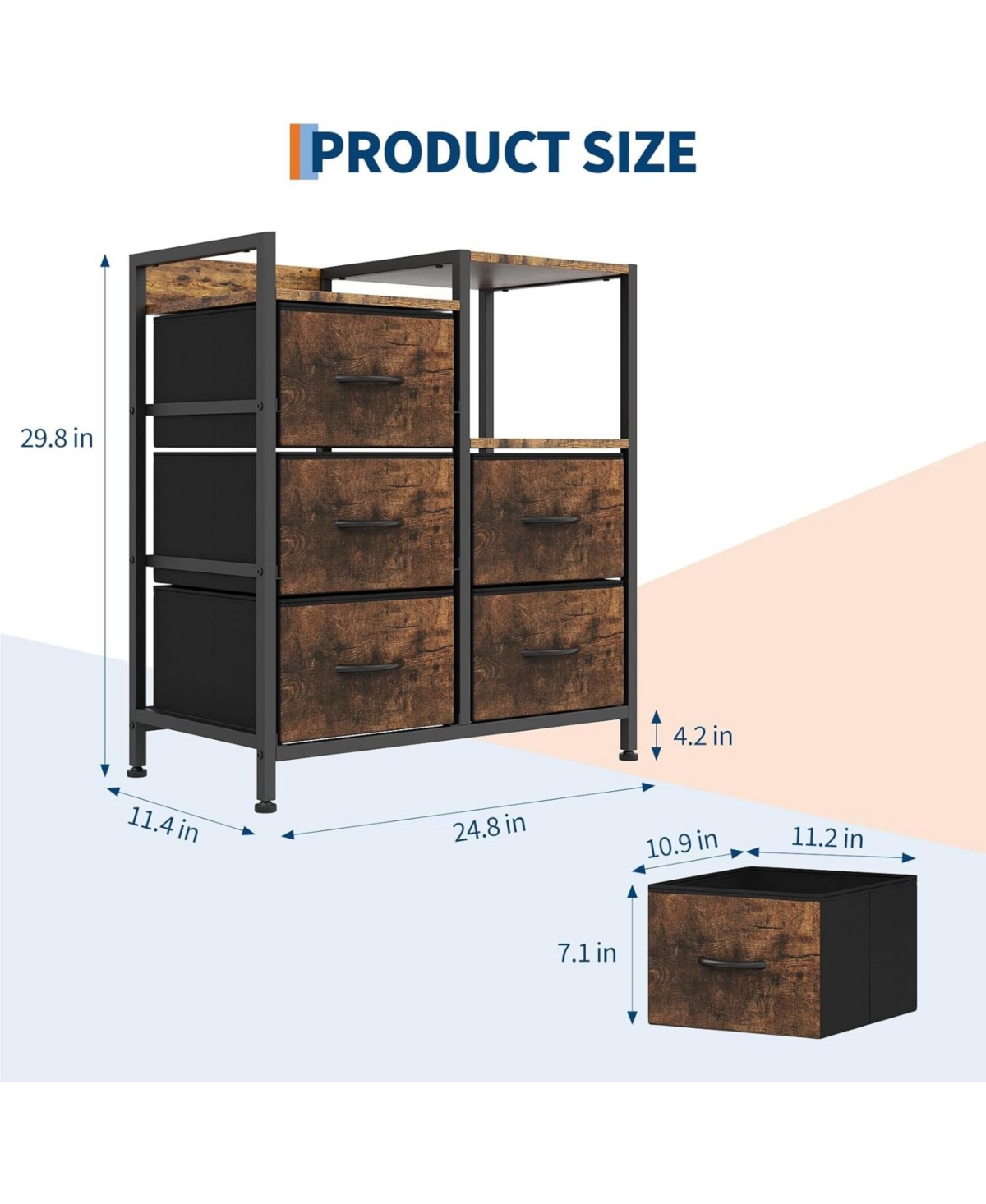 gaomon Lateral File Cabinet with 5 Fabric Drawers - 24.8" Filing Cabinet, Rustic Printer Stand, Office Organizer Cabinet, Fits Letter Files