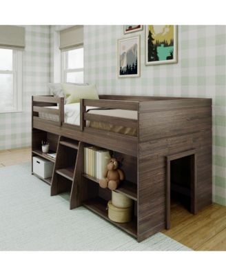 Solid Wood Modern Farmhouse Low Loft Bed, Bed Frame for Kids with 2 Bookcases