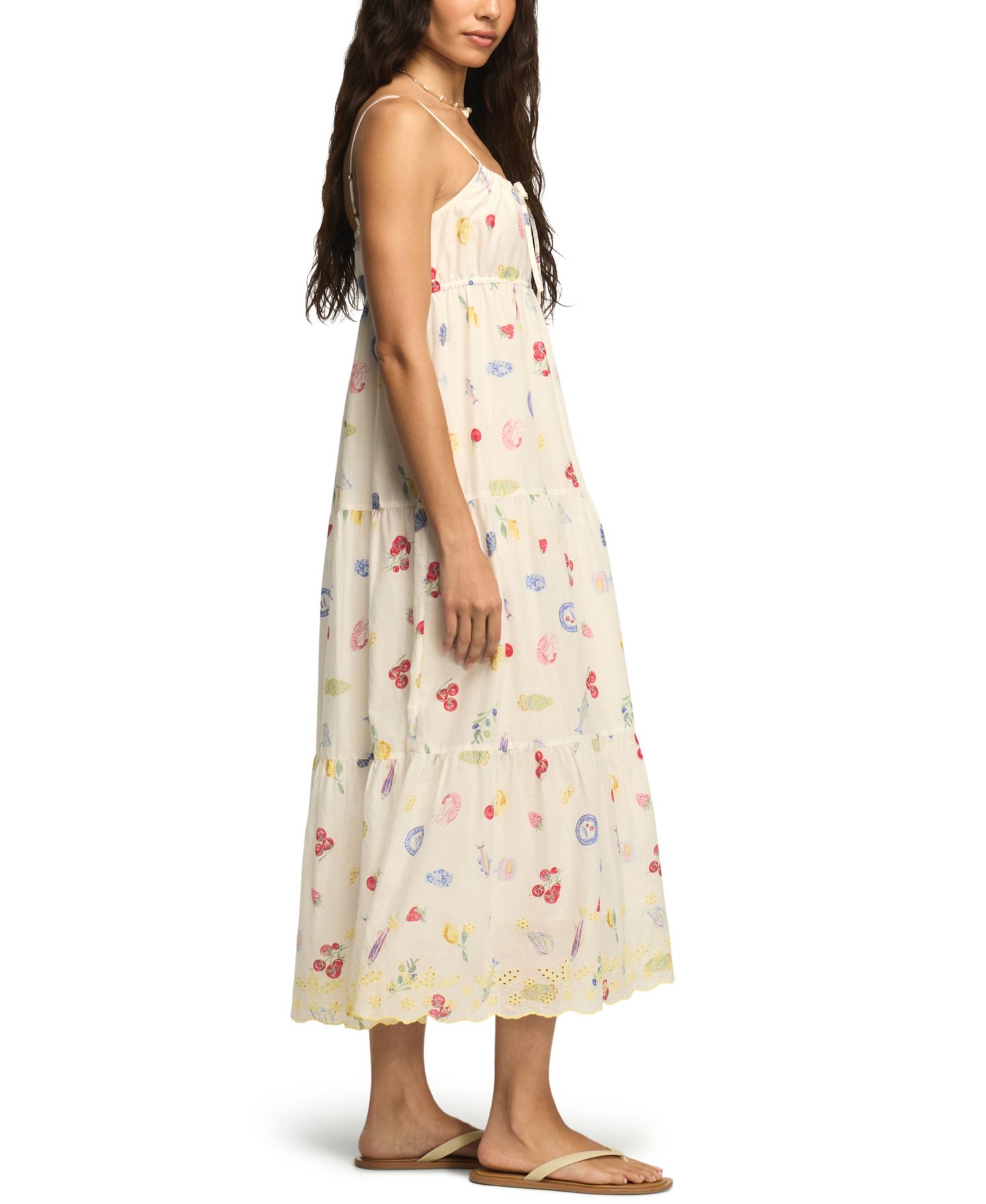 Женское платье Lucky Brand Printed Eyelet Tiered Cotton Midi, цвет: Разноцветный с принтом — фото 3