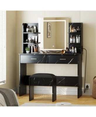 Makeup Vanity Desk with Mirror and LED Lights, 6 Storage Shelves, 2 Drawers, Cushioned Stool, Built-in Power Outlet, Dressing Room Table Set