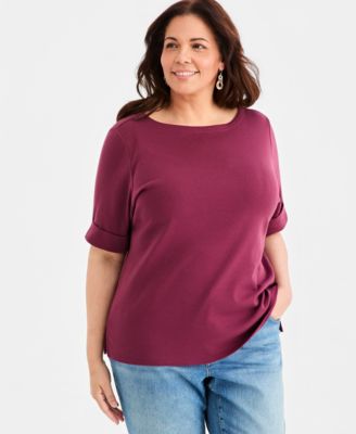 Women's Boat-Neck Elbow Sleeve Cotton Top, XS-4X