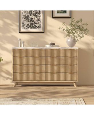 54" Fluted 8 Drawer Dresser with Curved Design and Metal Handles, Wood Storage Chest