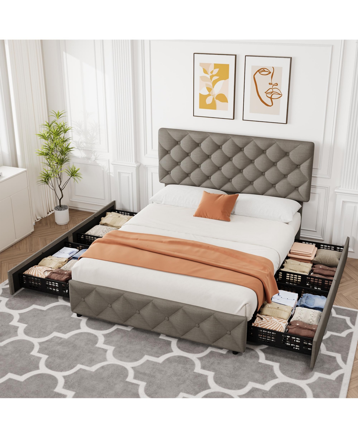 homfan Upholstered Platform Bed Frame with 4 Storage Drawers and Adjustable Diamond-Tufted Headboard