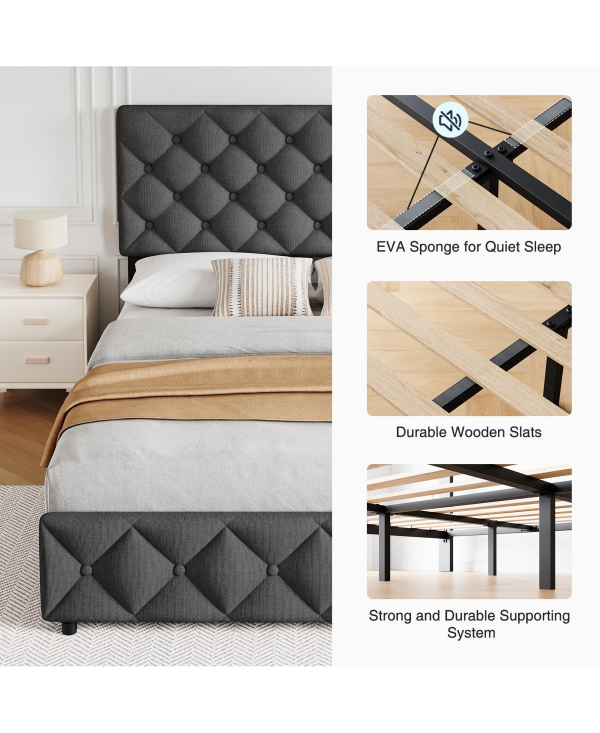 homfan Upholstered Platform Bed Frame with 4 Storage Drawers and Adjustable Diamond-Tufted Headboard