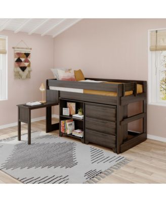 Modern Farmhouse Low Loft Bed, Twin Bed Frame for Kids with 3-Drawer Dresser, 2-Shelf Bookcase and Hook-on Desk