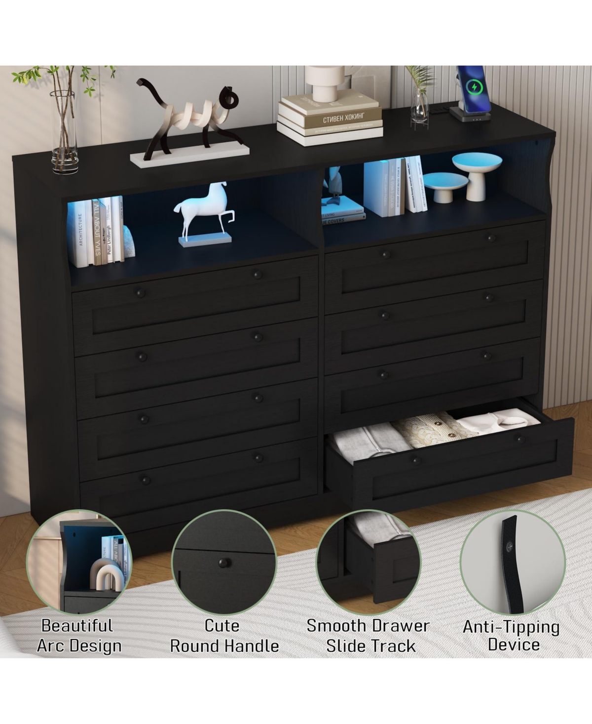 gaomon 8 Drawer Dresser with Rgb Led Lights, Power Outlet and 2 Open Shelves