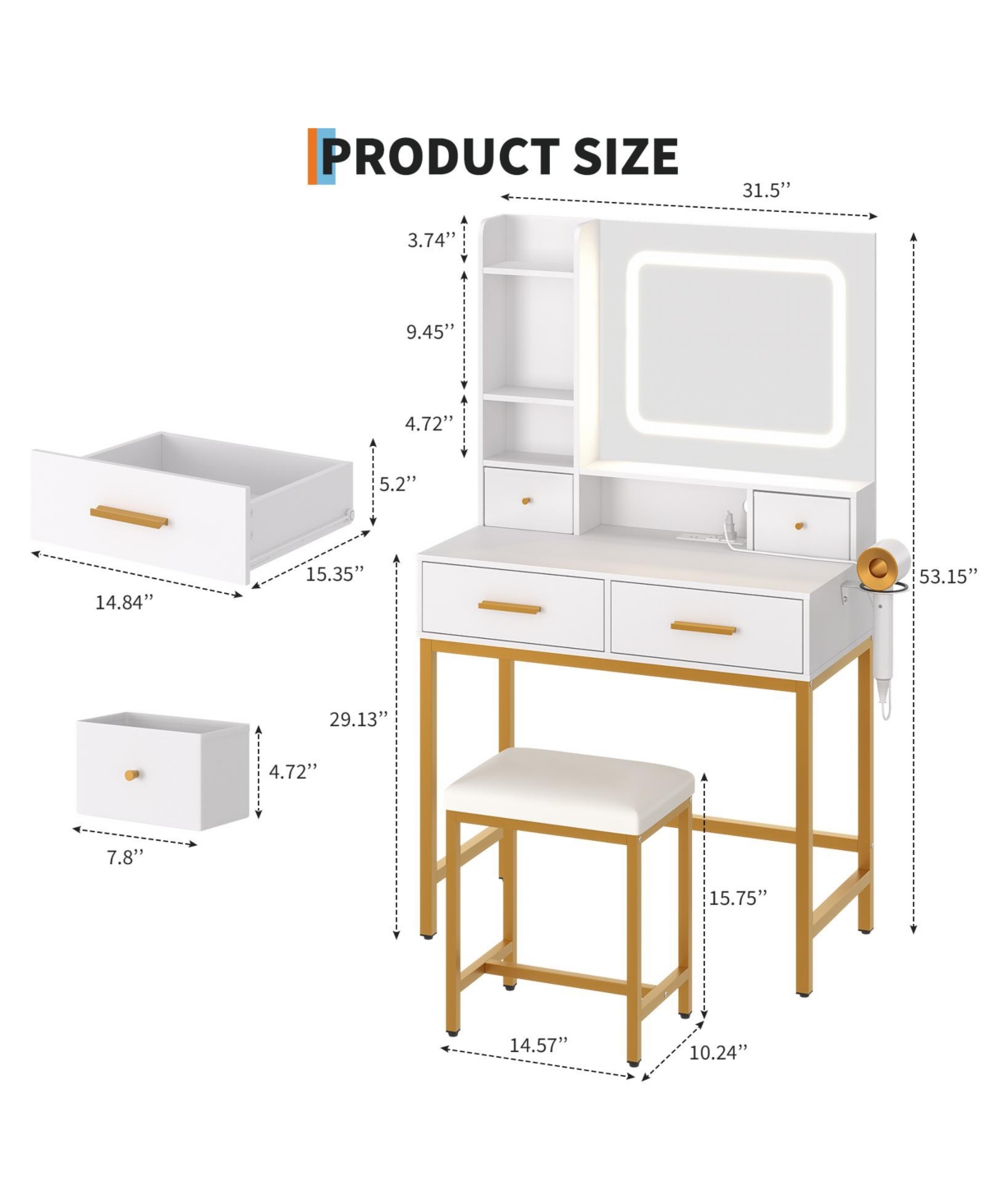 Homfan Makeup Vanity Desk with 3-Color Lights, 4 Drawers, 2 Shelves, Built-In Charging Station, Led Table for Bedroom, Dressing Room