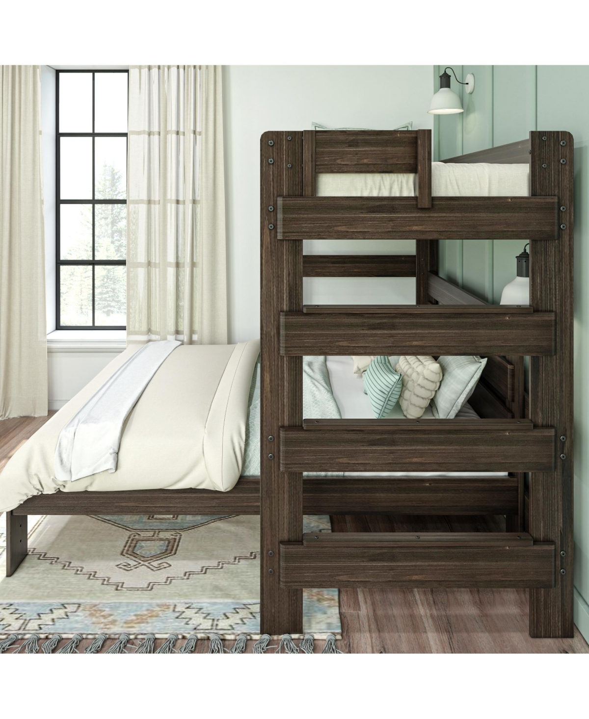 Max and Lily Solid Wood Modern Farmhouse Bunk Bed, L-Shaped Twin over Queen Bed Frame For Kids