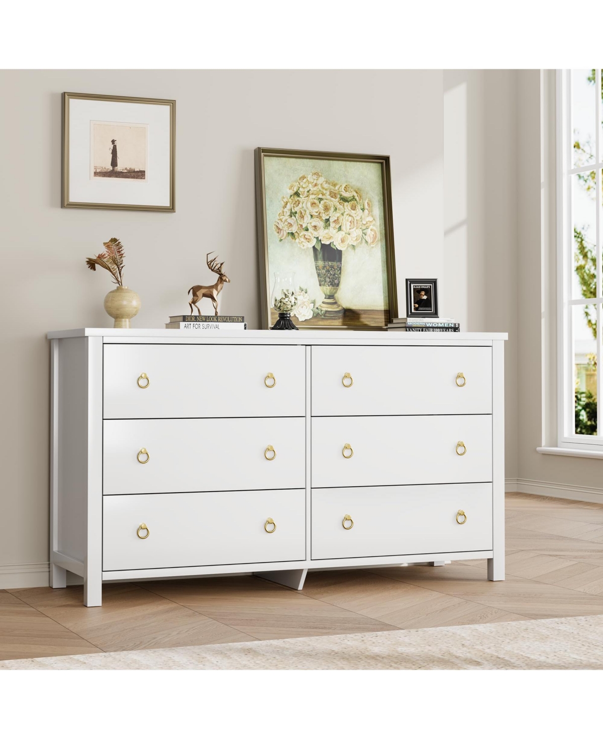 gaomon 6 Drawer Tall Dresser for Bedroom, Modern Freestanding Wood Storage Chest of Drawers - White