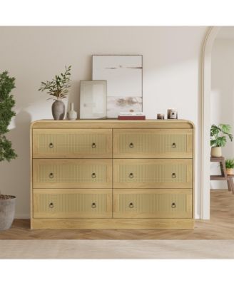6 Drawer Rattan Dresser with Rounded Corners, 46" Wide Modern Wooden Storage Cabinet for Bedroom Living Room