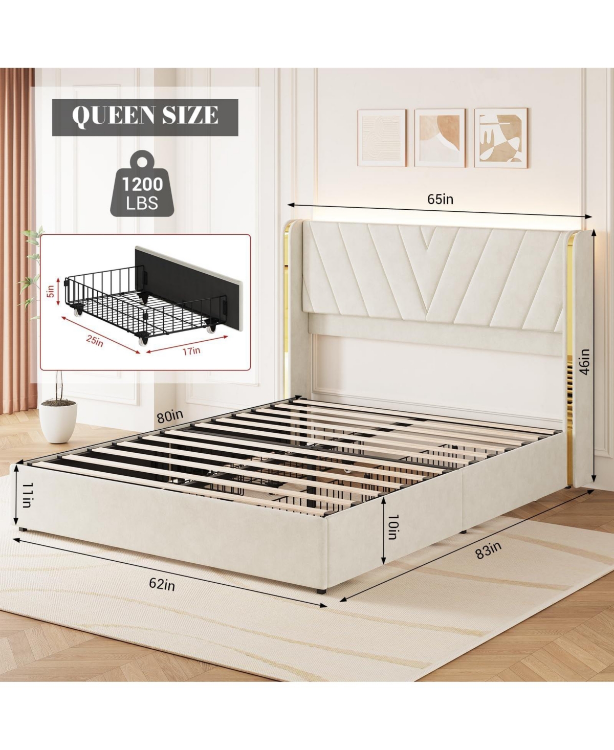 gaomon Velvet Upholstered Bed Frame with Led Lights, 4 Drawers, Wingback Headboard and Charging Station