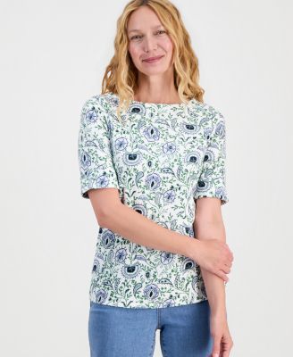 Style Co Womens Printed Boat Neck Elbow Sleeve Top Macys Exclusive