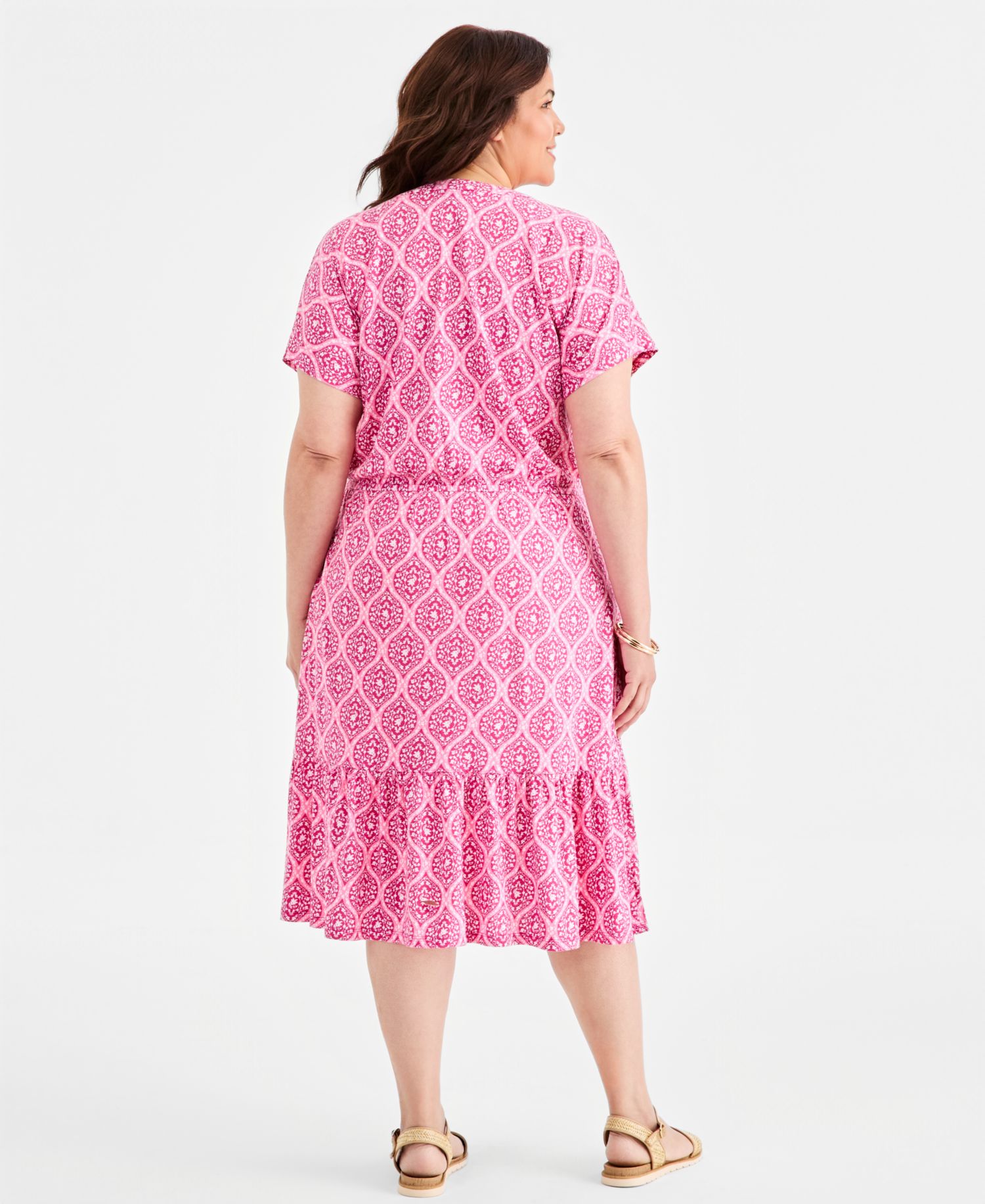 Plus Size Printed Split-Neck Tiered Midi Dress
