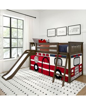 Max and Lily Low Bunk With Easy Slide and Firetruck Curtain