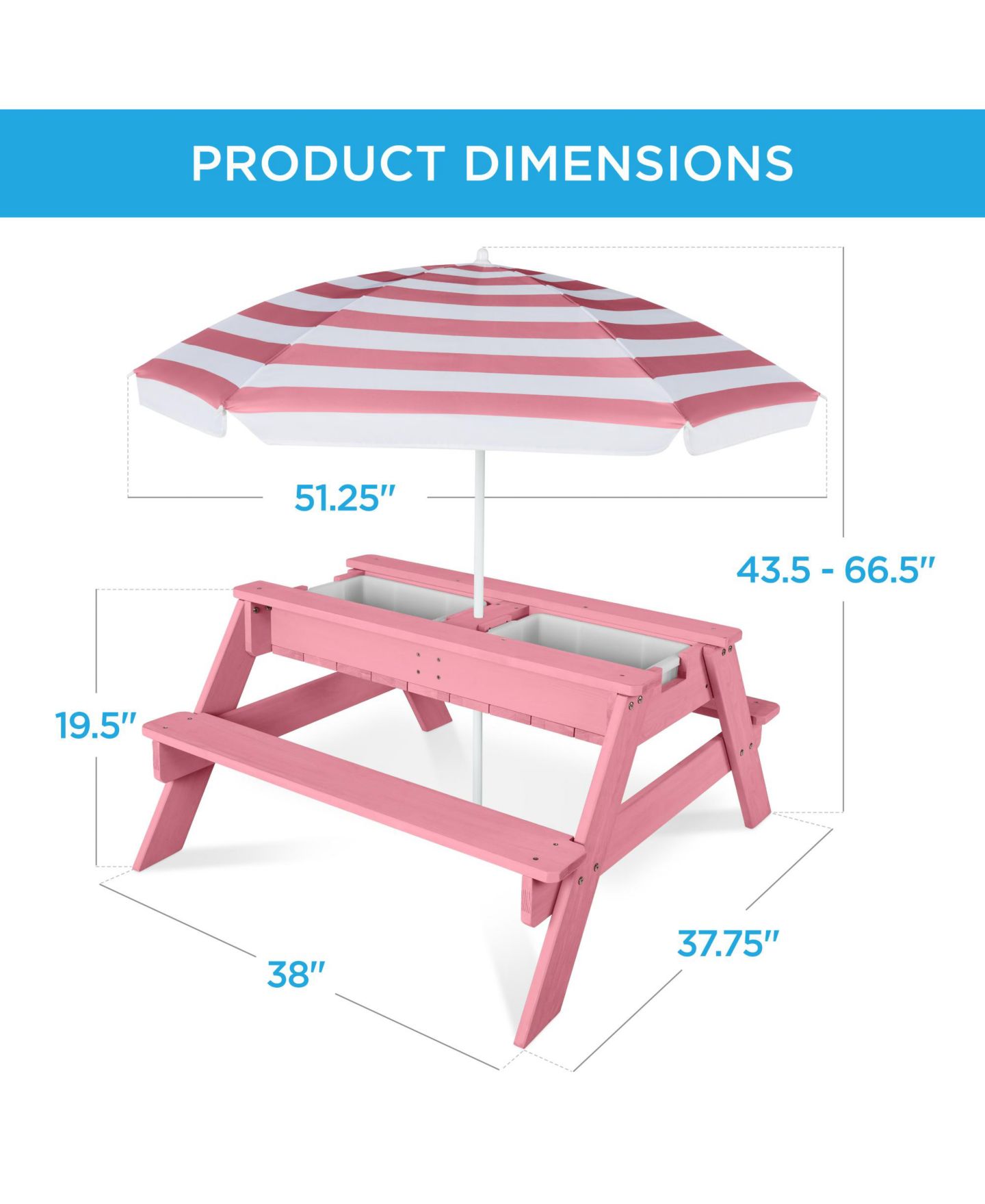 Детская игрушка Best Choice Products 3-in-1 Convertible Hemlock Picnic Table with Adjustable Umbrella, Seats 4, Ages 3+, цвет: Розовый — фото 2