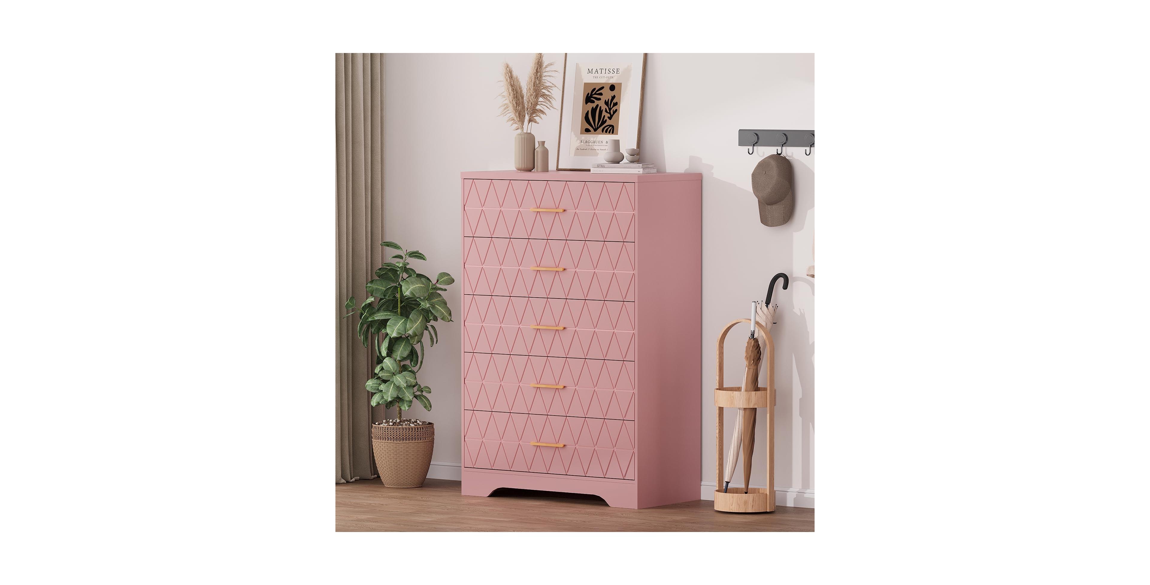 gaomon 5 Drawer Dresser for Bedroom with Gold Handles, Tall Wood Chest Storage Cabinet Organizer