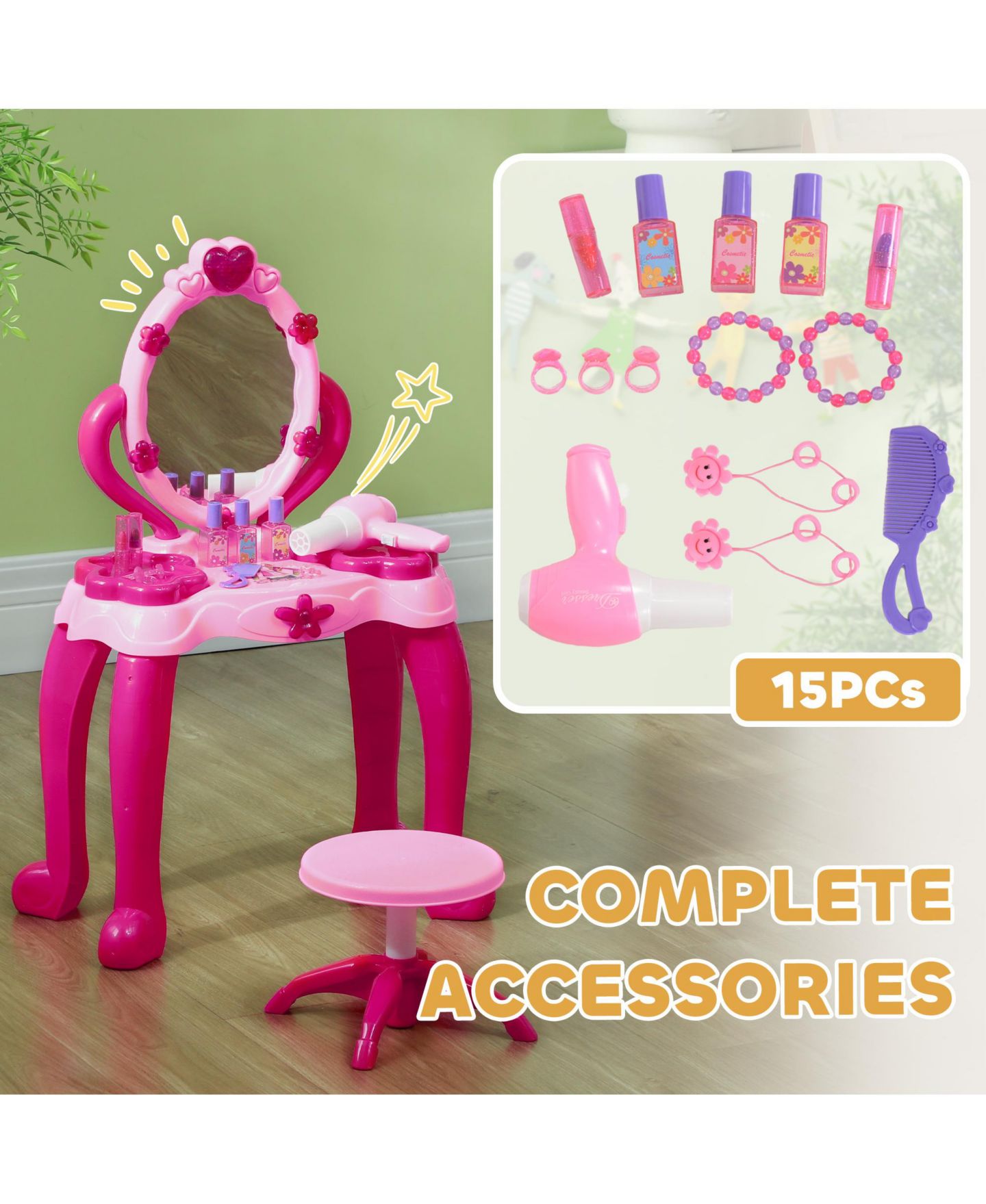 Детские игрушки Qaba Light-Up Mirror Vanity Set with Stool, 15-Piece, Ages 3+ — фото 7