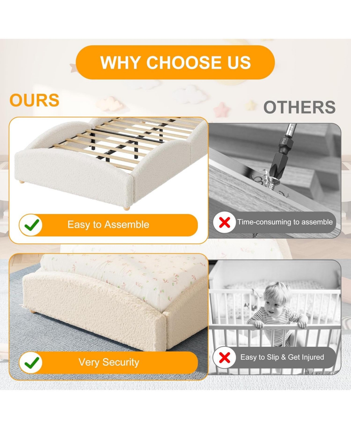 gaomon Twin-xl Size Upholstered Floor Bed for Kids, Teddy Fabric Soft Upholstered Bed Frame with Cloud Shaped Guardrails