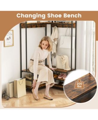 Wood Corner Hall Tree with Shoe Bench and Open Shelves