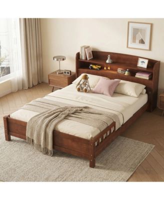 Full Pine Wood Bed with Bookcase Headboard, LED Motion Sensor Light and Bed Guardrails