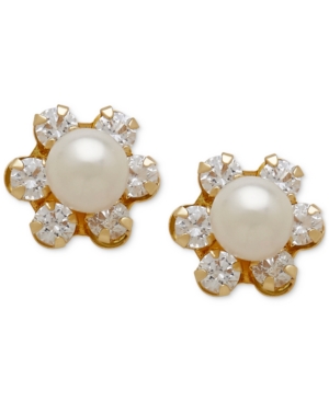 image of Children-s Cultured Freshwater Pearl (3-3/4mm) and Cubic Zirconia Stud Earrings in 14k Gold