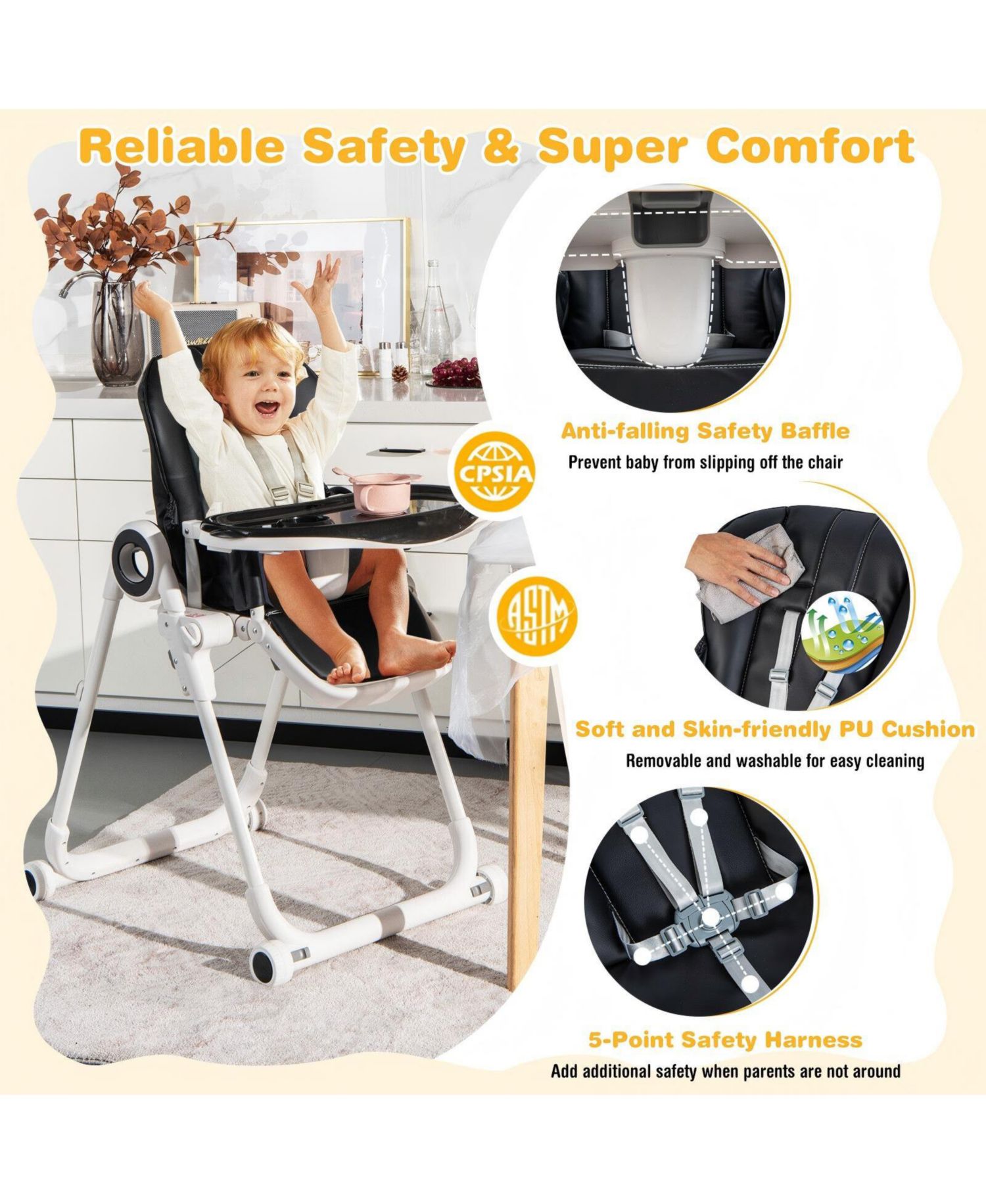Baby Foldable High Chair with 4 Lockable Wheels and Double Tray