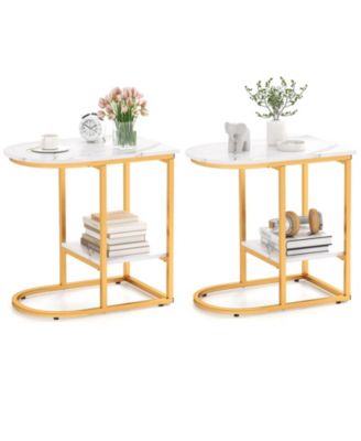 2PCS C-Shaped Side Table Compact 2-tier Storage End Table for Small Space