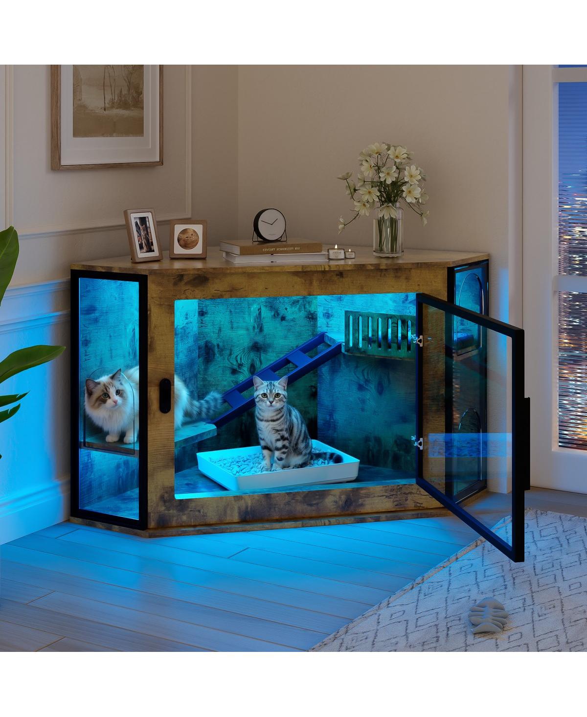 6thdruple 48"Corner Cat Litter Box Enclosure, Modern Cabinet with Led, Acrylic Door, Play Area
