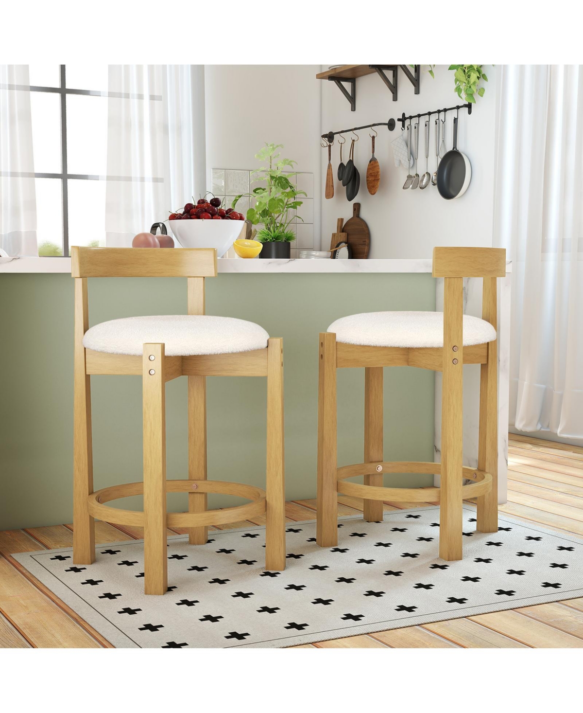Slickblue Set of 2 Velvet Counter Bar Stools with Backrest and Footrest