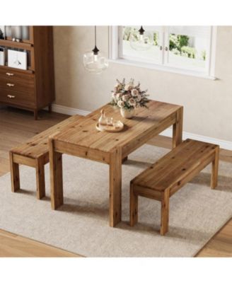 Solid Wood Dining Table Set for 4-6, 55" Dining Table with 2 Benches, Farmhouse Kitchen Table Set with Sturdy Legs, Dining Room Table Set