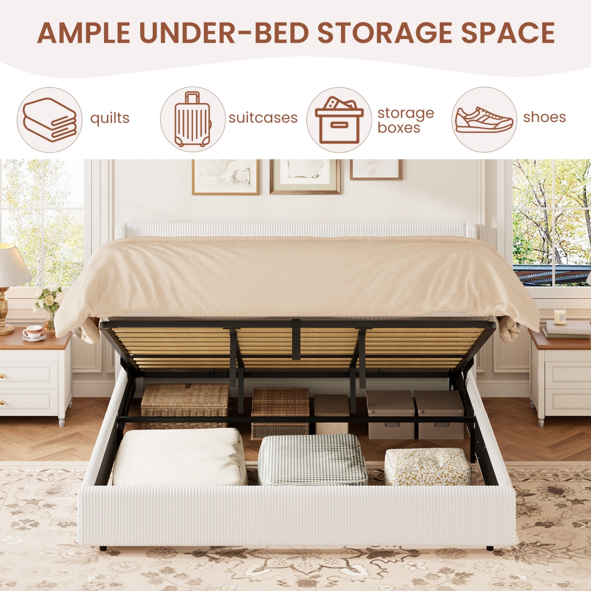 Homfan Lift Up Storage Bed, Modern Corduroy Upholstered Platform Bed Frame with Wingback Headboard, Gas Lift Hydraulic Storage