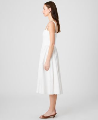 blue linen midi dress Blue Linen Blend Square Neck Midi Dress