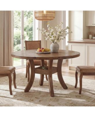 47" Solid Wood Round Dining Table for 4-6, Farmhouse Circle Kitchen Table with Unique Curved Legs