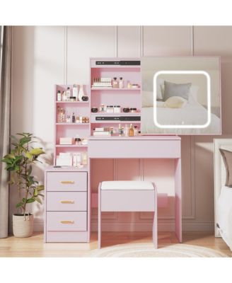 Modern Vanity Desk with Sliding LED Mirror, 4 Drawers, Power Outlet, Storage Shelves, Adjustable Lighting, Cushioned Stool