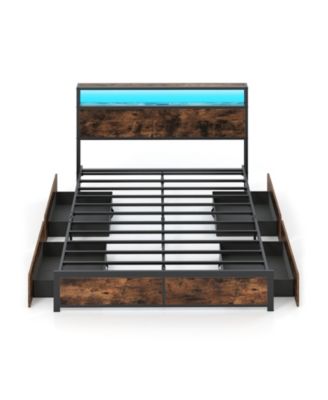 LED Platform Bed Frame with 4 Drawers and Charging Station