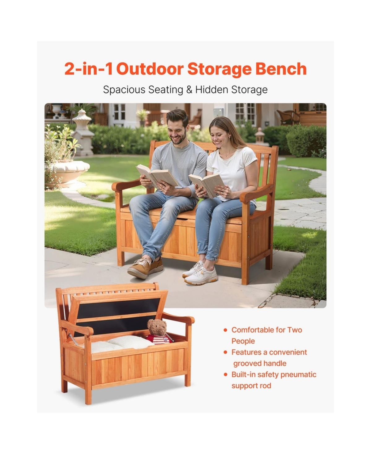 Sugift Outdoor Storage Bench 2-Person Wooden Storage Bench 33 Gallons Deck Box with Side Handle